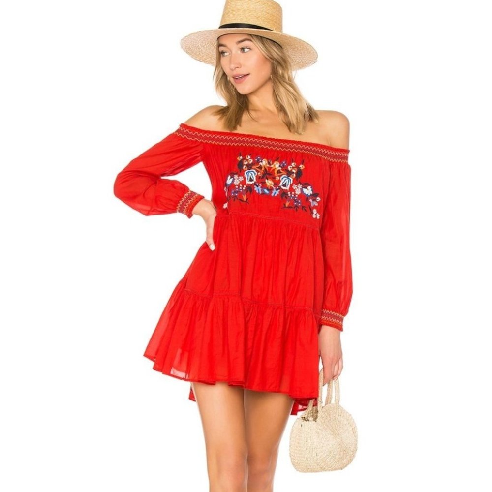 Free‎ People boho Sunbeams mini dress size small red floral embroidery hippie